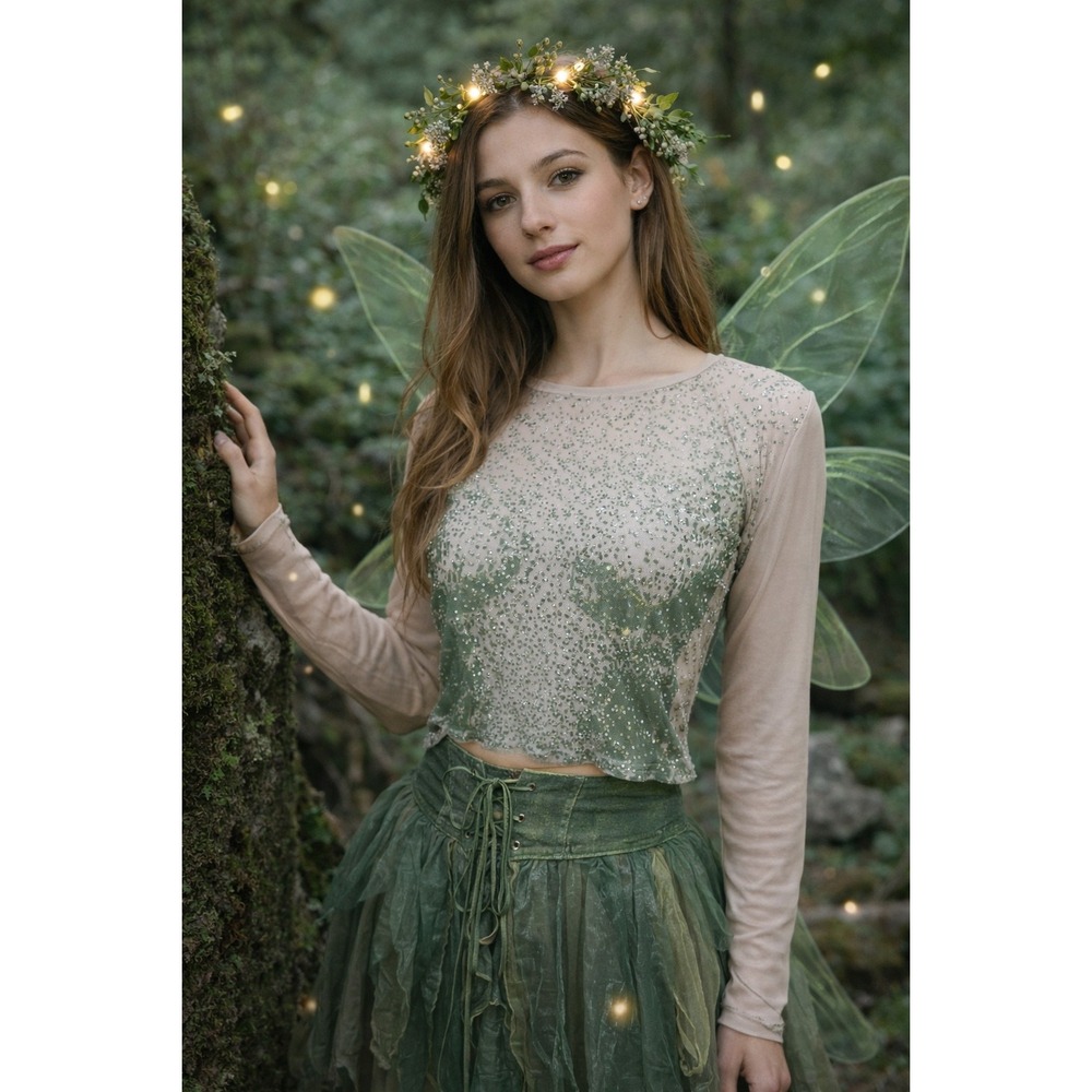 Generation K Y2K Sheer Mesh Forest Fairy Top‎ Sz M Kawaii Earthy Goblincore S